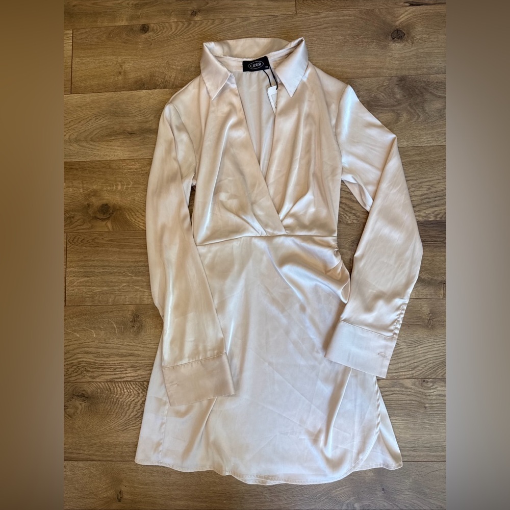 NWT Cider XS Champagne Satin Split Neck Collared Long Sleeve Gathered Side Dress
